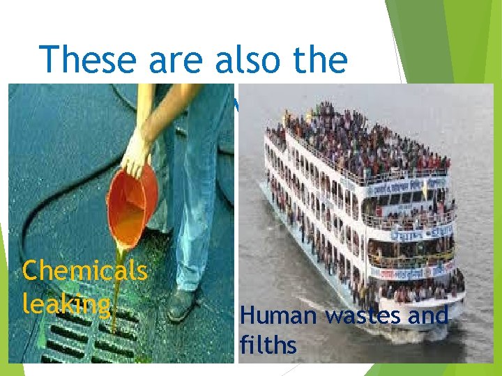 These are also the reasons of water pollution Chemicals leaking Human wastes and filths