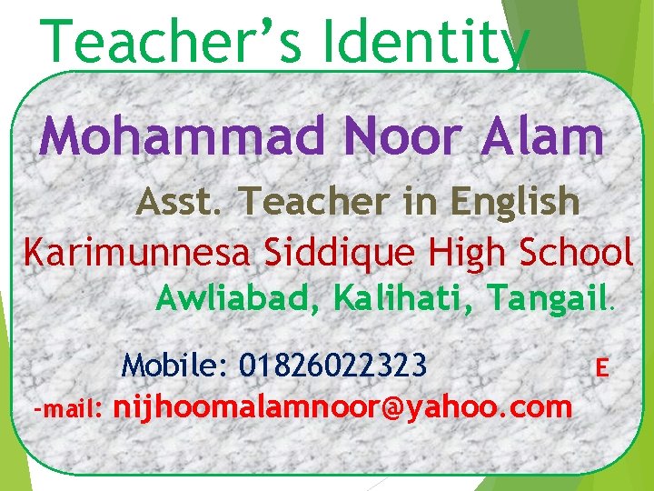 Teacher’s Identity Mohammad Noor Alam Asst. Teacher in English Karimunnesa Siddique High School Awliabad,