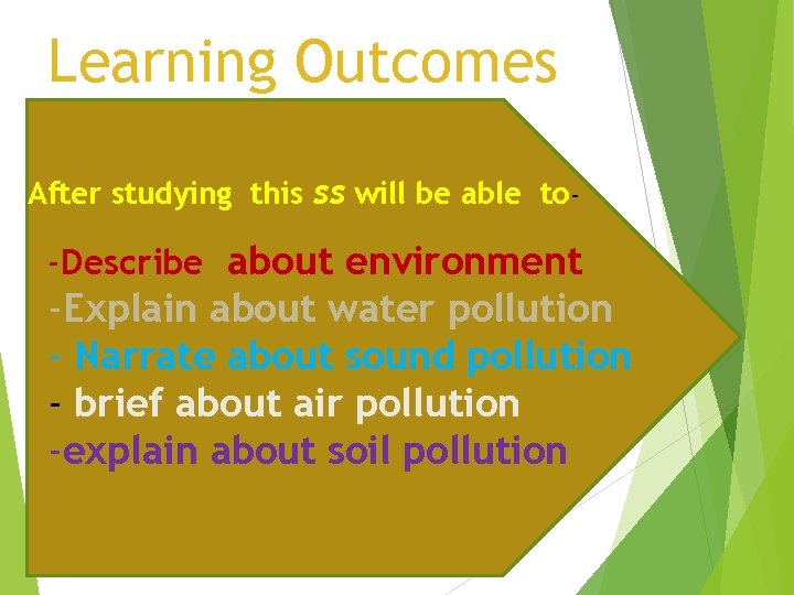 Learning Outcomes After studying this ss will be able to- -Describe about environment -Explain