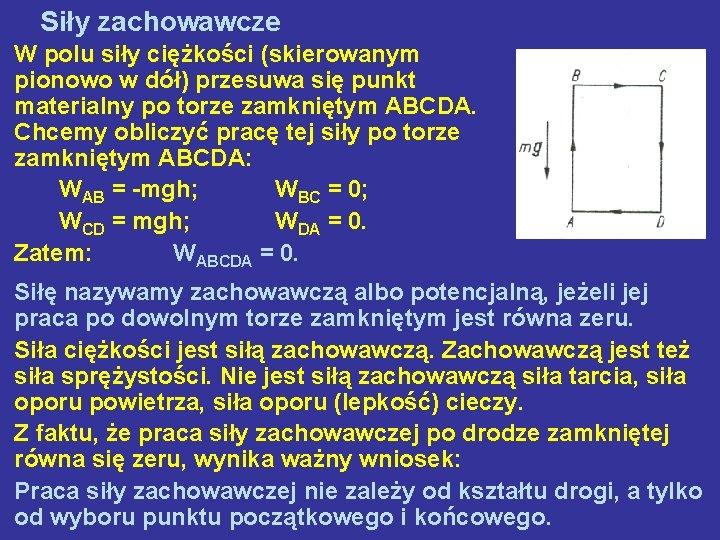 Siły zachowawcze W polu siły ciężkości (skierowanym pionowo w dół) przesuwa się punkt materialny