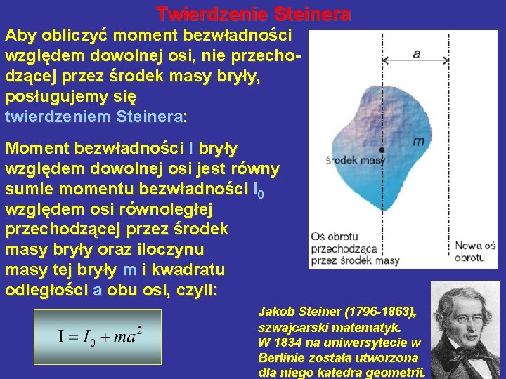 Twierdzenie Steinera Aby obliczyć moment bezwładności względem dowolnej osi, nie przechodzącej przez środek masy