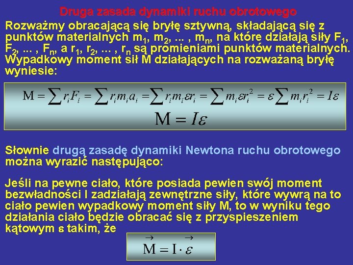 Druga zasada dynamiki ruchu obrotowego Rozważmy obracającą się bryłę sztywną, składającą się z punktów