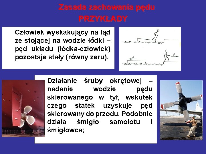 Zasada zachowania pędu PRZYKŁADY Człowiek wyskakujący na ląd ze stojącej na wodzie łódki –
