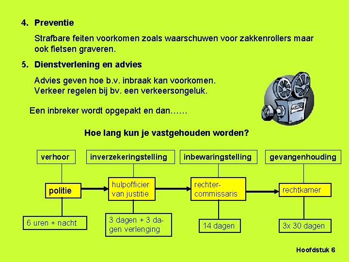 4. Preventie Strafbare feiten voorkomen zoals waarschuwen voor zakkenrollers maar ook fietsen graveren. 5.