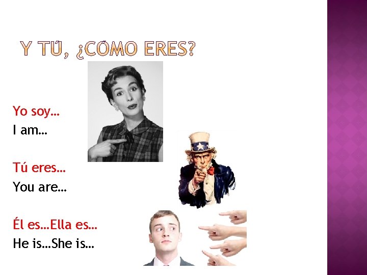 Yo soy… I am… Tú eres… You are… Él es…Ella es… He is…She is…