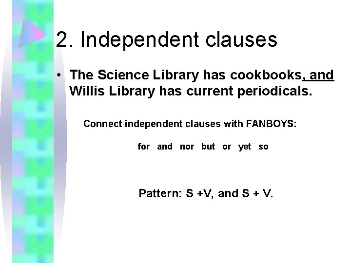 2. Independent clauses • The Science Library has cookbooks, and Willis Library has current