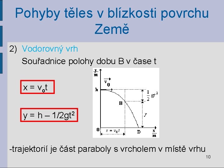 Pohyby těles v blízkosti povrchu Země 2) Vodorovný vrh Souřadnice polohy dobu B v