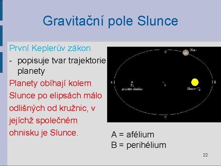 Gravitační pole Slunce První Keplerův zákon - popisuje tvar trajektorie planety Planety obíhají kolem