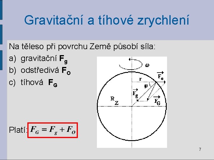 Gravitační a tíhové zrychlení Na těleso při povrchu Země působí síla: a) gravitační Fg