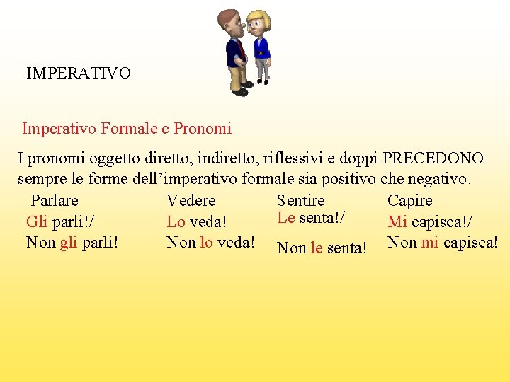 IMPERATIVO Imperativo Formale e Pronomi I pronomi oggetto diretto, indiretto, riflessivi e doppi PRECEDONO