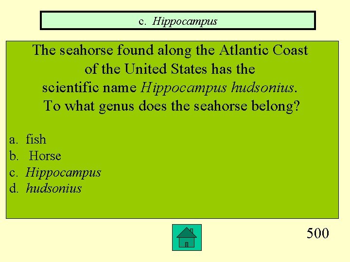 c. Hippocampus The seahorse found along the Atlantic Coast of the United States has