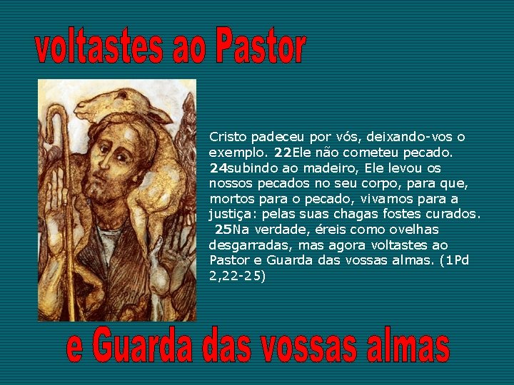 Cristo padeceu por vós, deixando-vos o exemplo. 22 Ele não cometeu pecado. 24 subindo