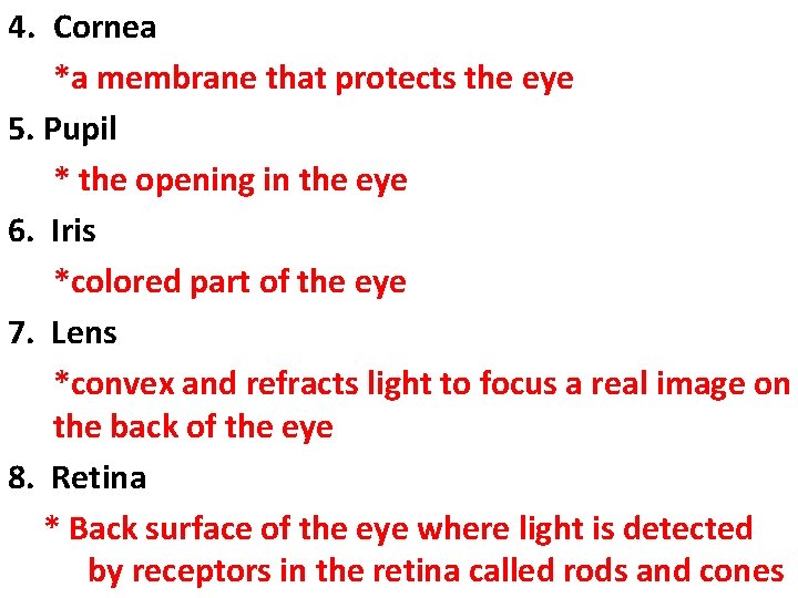 4. Cornea *a membrane that protects the eye 5. Pupil * the opening in