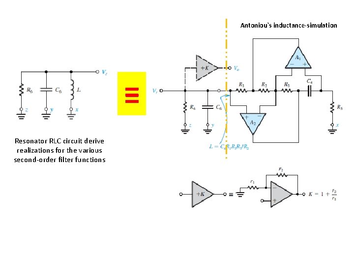 Antoniou`s inductance-simulation ≡ Resonator RLC circuit derive realizations for the various second-order filter functions