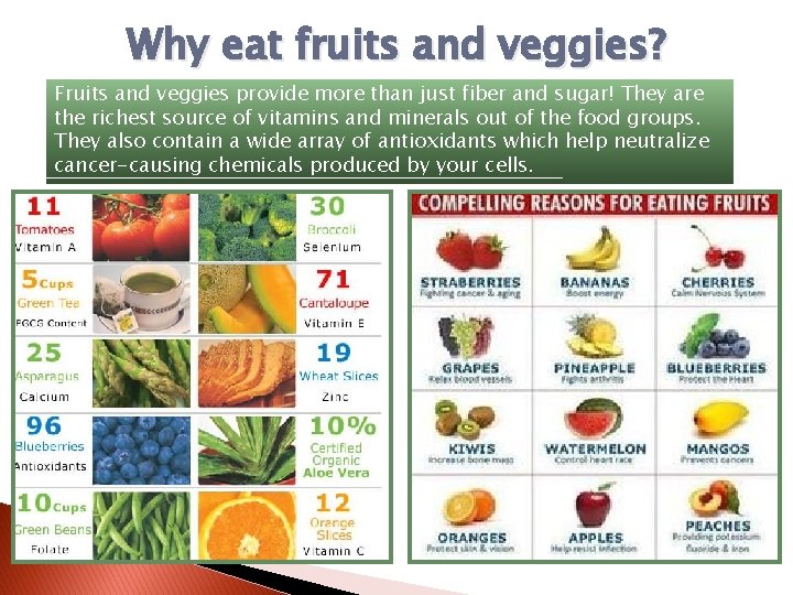 Why eat fruits and veggies? Fruits and veggies provide more than just fiber and