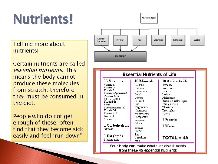 Nutrients! Tell me more about nutrients! Certain nutrients are called essential nutrients. This means