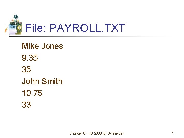 File: PAYROLL. TXT Mike Jones 9. 35 35 John Smith 10. 75 33 Chapter