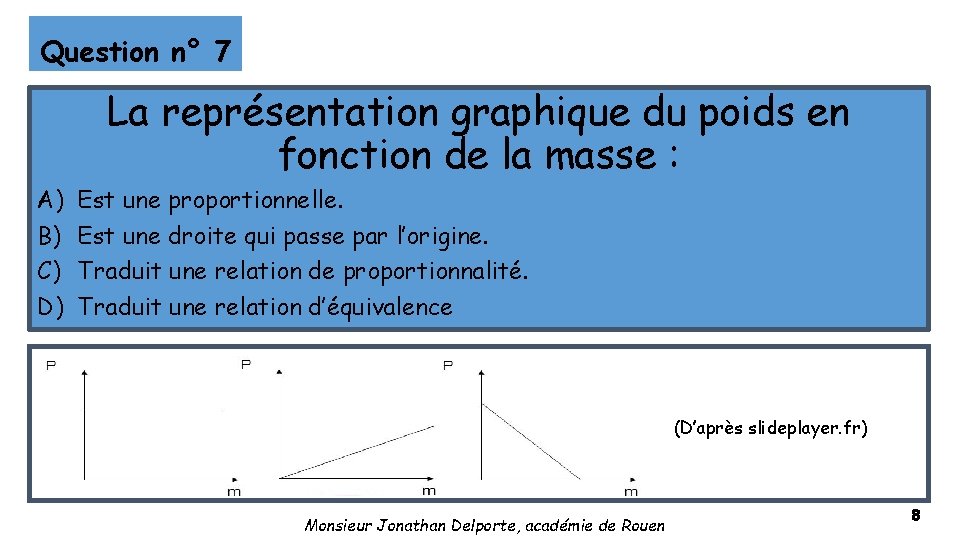 Question n° 7 La représentation graphique du poids en fonction de la masse :