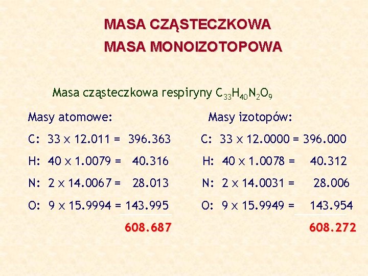 MASA CZĄSTECZKOWA MASA MONOIZOTOPOWA Masa cząsteczkowa respiryny C 33 H 40 N 2 O