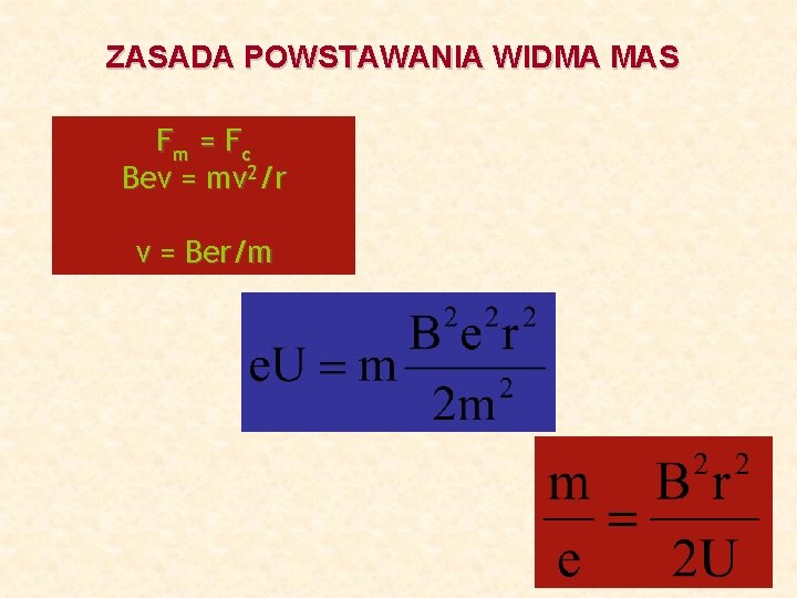 ZASADA POWSTAWANIA WIDMA MAS Fm = F c Bev = mv 2/r v =