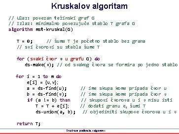 Kruskalov algoritam // Ulaz: povezan težinski graf G // Izlaz: minimalno povezujuće stablo T