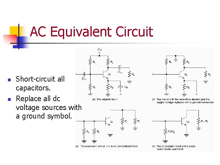 AC Equivalent Circuit n n Short-circuit all capacitors. Replace all dc voltage sources with