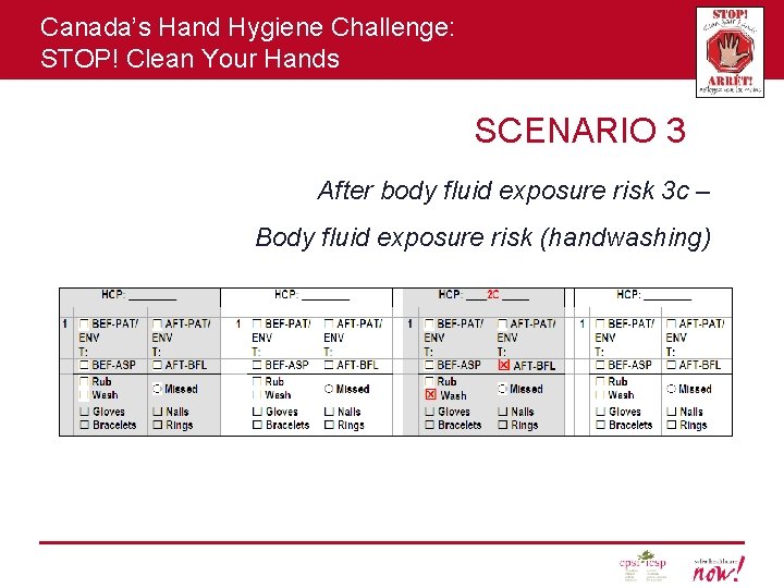 Canada’s Hand Hygiene Challenge: STOP! Clean Your Hands SCENARIO 3 After body fluid exposure