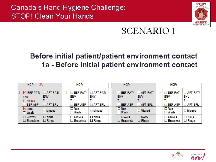 Canada’s Hand Hygiene Challenge: STOP! Clean Your Hands SCENARIO 1 Before initial patient/patient environment