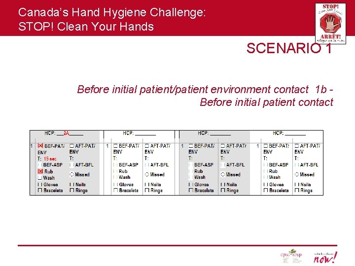 Canada’s Hand Hygiene Challenge: STOP! Clean Your Hands SCENARIO 1 Before initial patient/patient environment