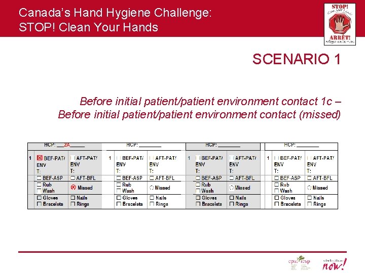 Canada’s Hand Hygiene Challenge: STOP! Clean Your Hands SCENARIO 1 Before initial patient/patient environment