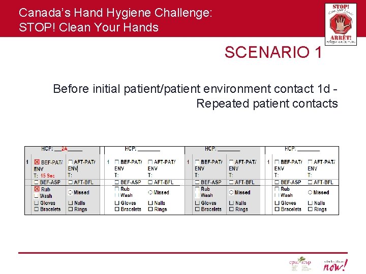 Canada’s Hand Hygiene Challenge: STOP! Clean Your Hands SCENARIO 1 Before initial patient/patient environment