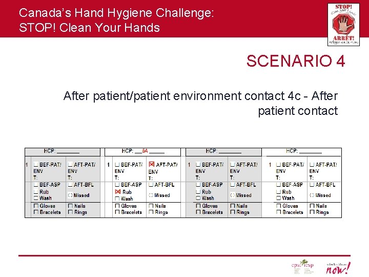 Canada’s Hand Hygiene Challenge: STOP! Clean Your Hands SCENARIO 4 After patient/patient environment contact