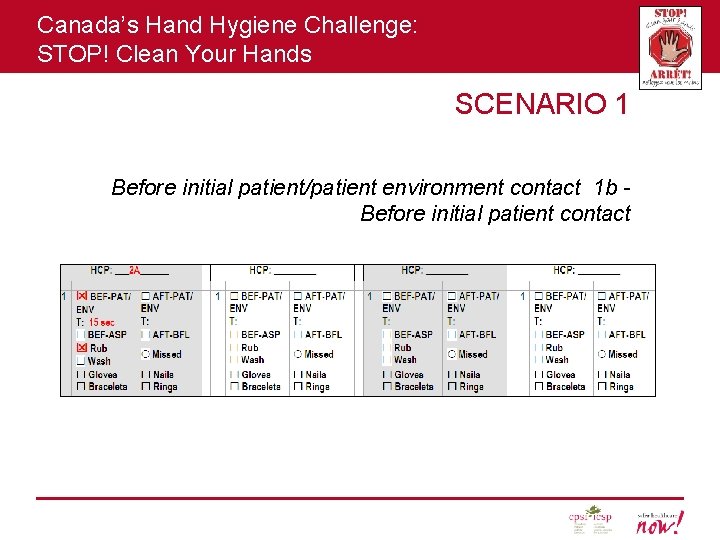 Canada’s Hand Hygiene Challenge: STOP! Clean Your Hands SCENARIO 1 Before initial patient/patient environment