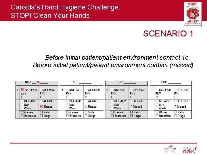 Canada’s Hand Hygiene Challenge: STOP! Clean Your Hands SCENARIO 1 Before initial patient/patient environment