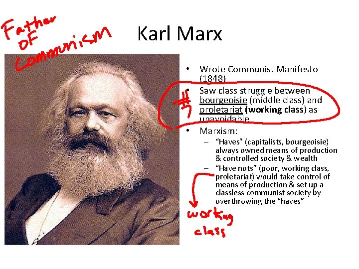 Karl Marx • Wrote Communist Manifesto (1848) • Saw class struggle between bourgeoisie (middle