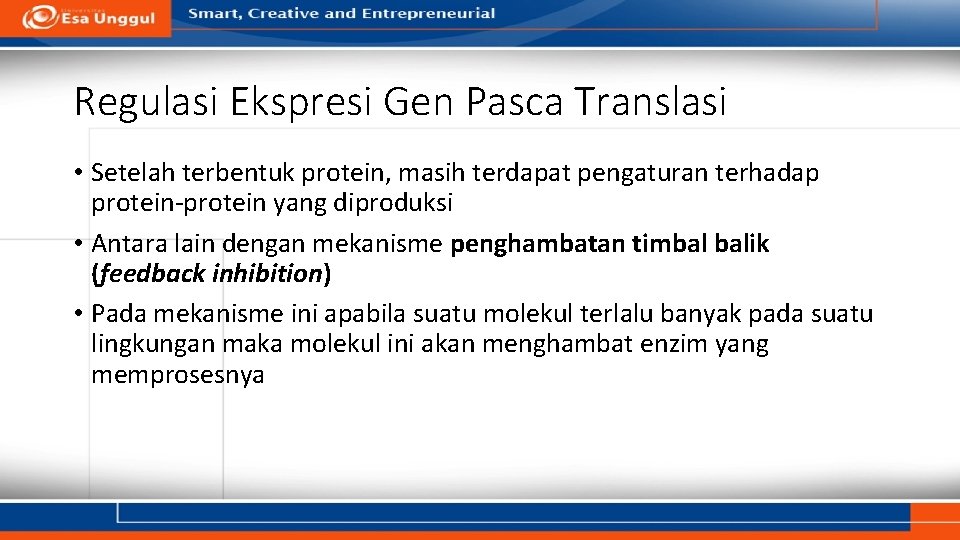 Regulasi Ekspresi Gen Pasca Translasi • Setelah terbentuk protein, masih terdapat pengaturan terhadap protein-protein