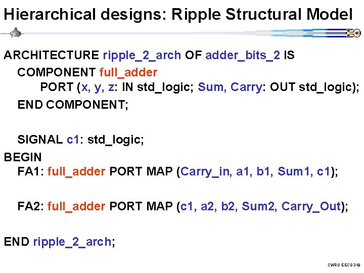 Hierarchical designs: Ripple Structural Model ARCHITECTURE ripple_2_arch OF adder_bits_2 IS COMPONENT full_adder PORT (x,