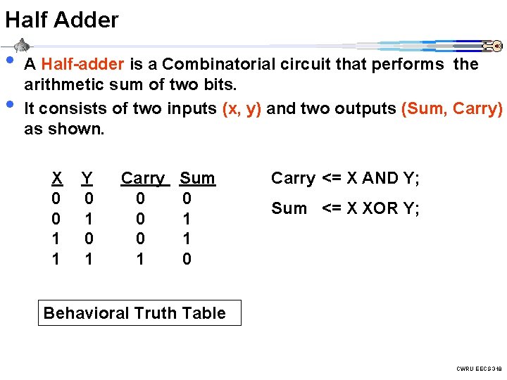 Half Adder • • A Half-adder is a Combinatorial circuit that performs the arithmetic