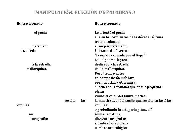 MANIPULACIÓN: ELECCIÓN DE PALABRAS 3 Buitre leonado Lo intentó el poeta allá en los
