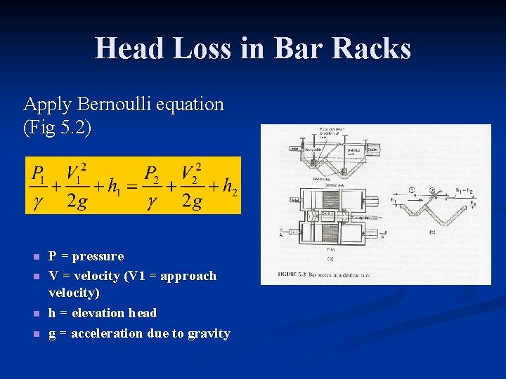Head Loss in Bar Racks Apply Bernoulli equation (Fig 5. 2) n n P