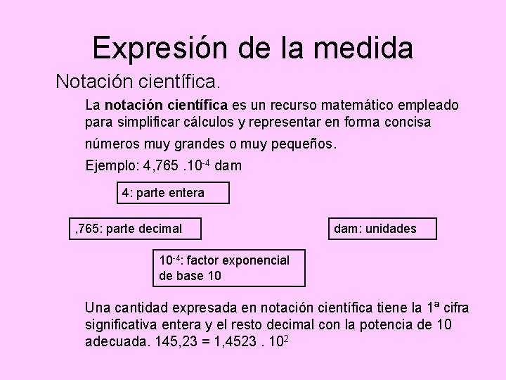 Expresión de la medida Notación científica. La notación científica es un recurso matemático empleado