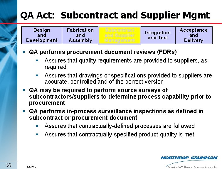 QA Act: Subcontract and Supplier Mgmt Design and Development Fabrication and Assembly Subcontract and