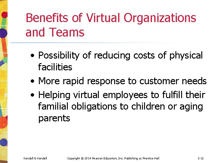 Benefits of Virtual Organizations and Teams • Possibility of reducing costs of physical facilities