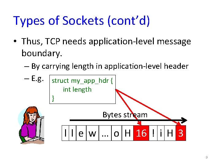 Types of Sockets (cont’d) • Thus, TCP needs application-level message boundary. – By carrying