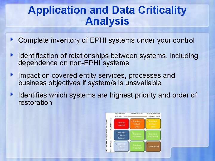 Application and Data Criticality Analysis Complete inventory of EPHI systems under your control Identification