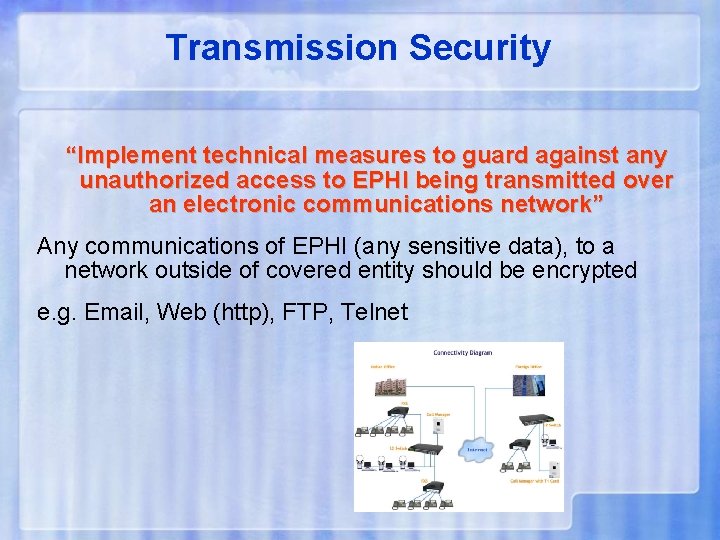 Transmission Security “Implement technical measures to guard against any unauthorized access to EPHI being