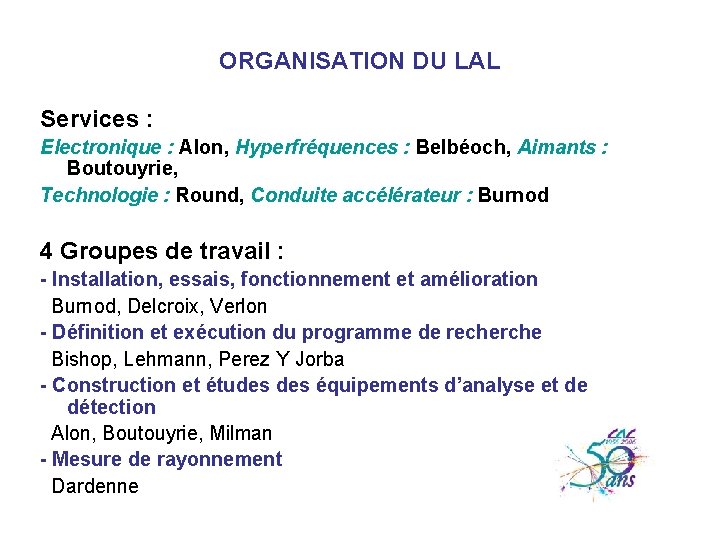 ORGANISATION DU LAL Services : Electronique : Alon, Hyperfréquences : Belbéoch, Aimants : Boutouyrie,