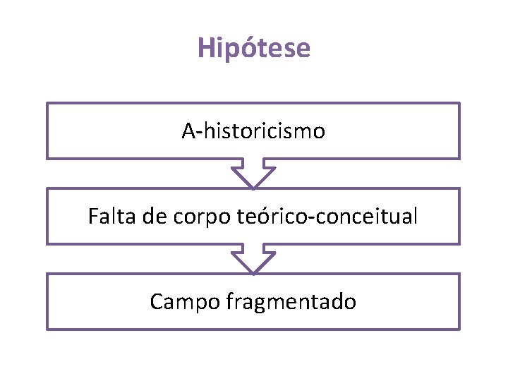 Hipótese A-historicismo Falta de corpo teórico-conceitual Campo fragmentado 