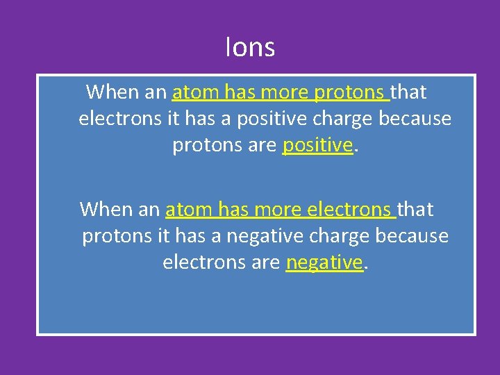 Ions When an atom has more protons that electrons it has a positive charge Ions When an atom has more protons that electrons it has a positive charge