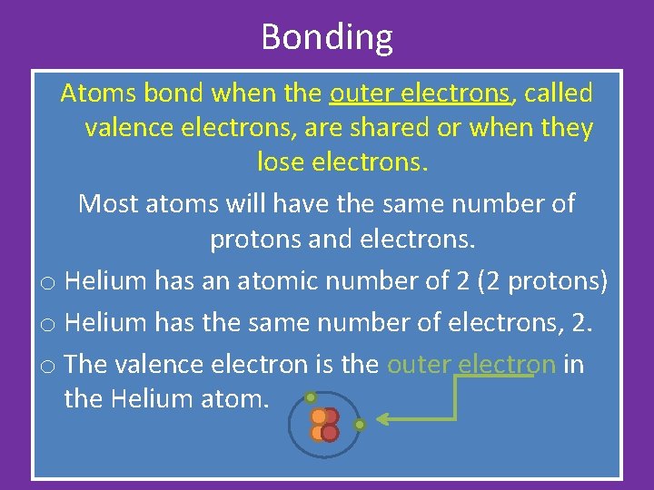 Bonding Atoms bond when the outer electrons, called valence electrons, are shared or when Bonding Atoms bond when the outer electrons, called valence electrons, are shared or when